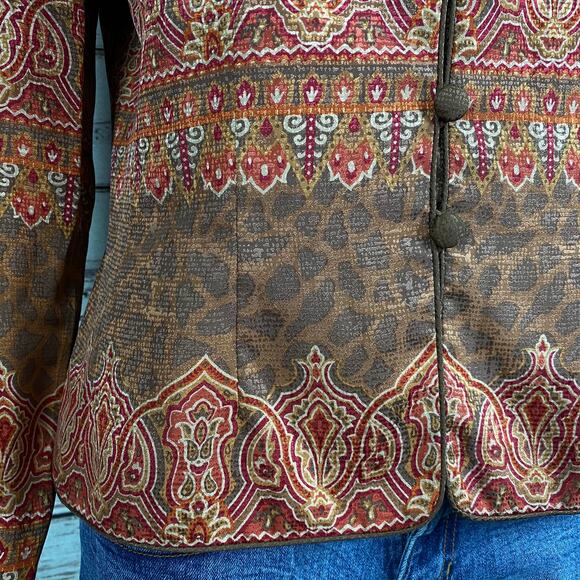 Vintage Adrianna Papell Brown Floral Mandarin Style Blazer Jacket SZ 4 Silk - Picture 4 of 8